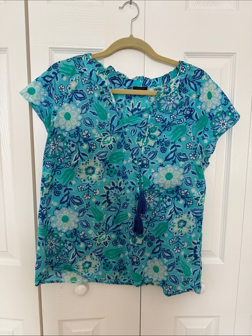Talbots Blue & Teal Floral Tassel V-Neck Blouse